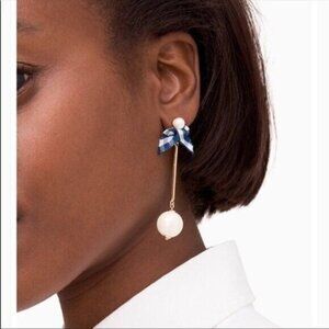 Kate Spade Blue White Buffalo Plaid Pretty Pearly Bow Drop Earrings